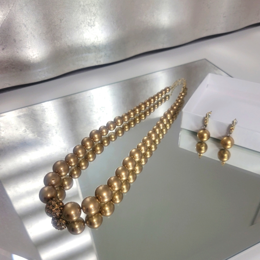 Golden faux pearl and amber Swarovski crystal necklace and earring set